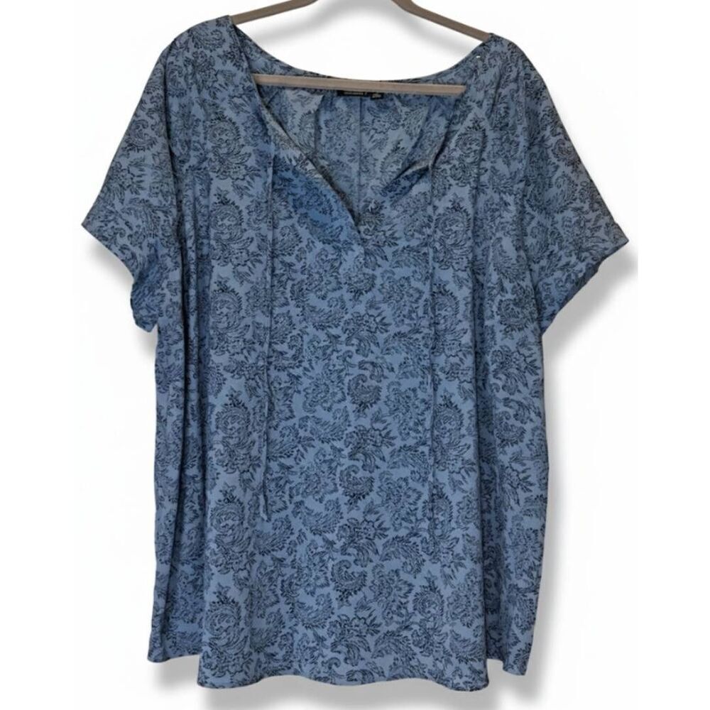 A new approach womens 2xl shirt blue floral blouse boho split neck top